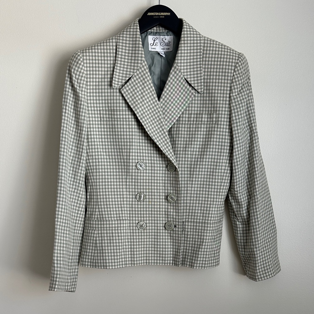 Le Suit Vintage Spring Women's Sage Green Checkered Blazer